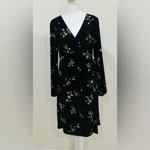 Lauren‎ Ralph Lauren Womens Wrap Dress 10 Midi Black Floral Long Sleeve Stretch